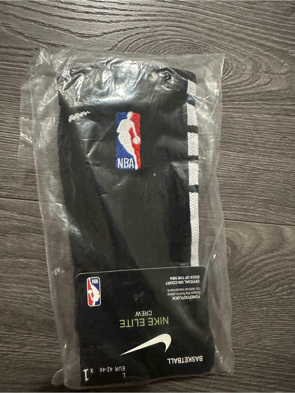 Nike Black Crew Socks with White Stripe and Red/Blue NBA Logo